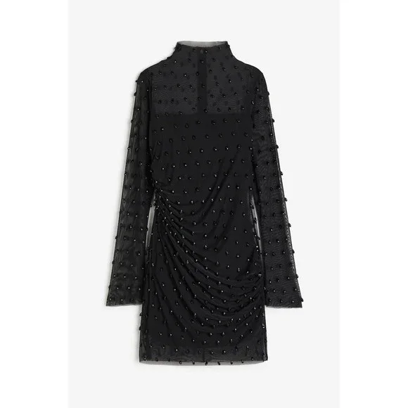H&M Studio 2023 Beaded Mesh Mini Dress Long Sleeve Party Cocktail Mock Neck - Picture 2 of 14